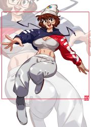 Rule 34 | 1girl, breasts, brown eyes, brown hair, cleavage, commentary, cropped hoodie, edie crop hoodie, english commentary, fila, glasses, highres, hood, hoodie, large breasts, meme attire, navel, open hand, open mouth, original, snowcie, snowciel (snowcie), solo, zoom layer