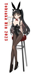 Rule 34 | 1girl, 2023, alternate costume, animal ears, bar stool, bare shoulders, black hair, bow, bowtie, breasts, character name, chinese zodiac, commentary request, fate/stay night, fate (series), full body, green eyes, hair ribbon, high heels, highres, leotard, long hair, looking at viewer, medium breasts, pantyhose, playboy bunny, rabbit ears, ribbon, siino, sitting, smile, solo, stool, strapless, strapless leotard, tohsaka rin, two side up, year of the rabbit