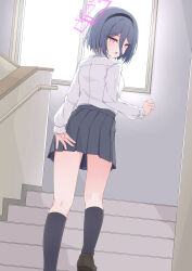 Rule 34 | &lt;key&gt; (blue archive), 1girl, absurdres, black footwear, black hair, black socks, blue archive, blush, halo, highres, indoors, kneepits, long sleeves, mizusaki (kn27), open mouth, pink halo, red eyes, shirt, shoes, short hair, socks, solo, stairs, white shirt
