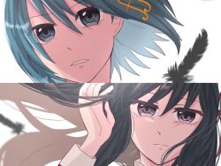 Rule 34 | 2girls, akemi homura, amai yume, black feathers, black hair, blue eyes, blue hair, clenched teeth, close-up, commentary request, expressionless, feathers, hair ornament, hair ribbon, highres, long hair, looking at viewer, mahou shoujo madoka magica, mahou shoujo madoka magica: hangyaku no monogatari, miki sayaka, multiple girls, purple eyes, red ribbon, ribbon, short hair, teeth, white background