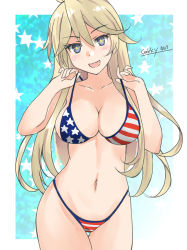 Rule 34 | 1girl, american flag bikini, american flag print, artist name, bikini, blonde hair, blue eyes, border, breasts, cleavage, commentary request, cowboy shot, dated, flag print, gakky, highleg, highleg bikini, highleg swimsuit, iowa (kancolle), kantai collection, large breasts, multicolored clothes, multicolored swimsuit, one-hour drawing challenge, print bikini, solo, star-shaped pupils, star (symbol), starry background, swimsuit, symbol-shaped pupils, white border