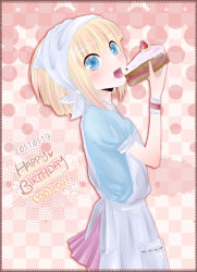 Rule 34 | 1girl, apron, bad id, bad pixiv id, blonde hair, blue eyes, cake, eating, food, head scarf, highres, mo2ica, monicanc, open mouth, original, solo