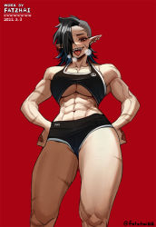 Rule 34 | 1girl, abs, breasts, ear piercing, fatzhai, female focus, hands on own hips, heavy breathing, large breasts, looking at viewer, midriff, muscular, muscular female, navel, original, piercing, pointy ears, scar, sharp teeth, shorts, simple background, solo, teeth, tongue, tongue out, tongue piercing, underboob
