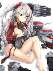 Rule 34 | 1girl, antenna hair, armpit cutout, azur lane, bare legs, blush, boots, unworn boots, breasts, brown eyes, cannon, clothes tug, clothing cutout, cross, unworn footwear, gloves, unworn gloves, hair between eyes, headgear, iron cross, large breasts, leotard, long hair, long sleeves, looking at viewer, machinery, mole, mole on breast, multicolored hair, necktie, unworn necktie, pelvic curtain, prinz eugen (azur lane), red hair, rigging, silver hair, sitting, smile, solo, strap, streaked hair, turret, two side up, very long hair, yashio (0321)