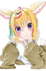 Rule 34 | 1girl, absurdres, animal ears, black hair, blonde hair, blouse, blush, bow, brown jacket, commentary request, ear ribbon, fox ears, hand on own cheek, hand on own face, heart, heart-shaped pupils, highres, hololive, jacket, kuuneru514, long sleeves, official alternate costume, official alternate hairstyle, omaru polka, omaru polka (street casual), pink hair, purple eyes, shirt, simple background, solo, staring, symbol-shaped pupils, upper body, virtual youtuber, white background, white shirt, yandere