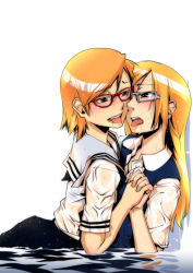 Rule 34 | 2girls, after kiss, akane (triangle struggle), blonde hair, blush, breast press, breasts, cheek-to-cheek, collared shirt, glasses, heads together, hikaru (triangle struggle), holding hands, incest, interlocked fingers, kamotama, long hair, looking at another, multiple girls, open mouth, orange hair, partially submerged, red-framed eyewear, saliva, saliva trail, school uniform, see-through, serafuku, shirt, short hair, short sleeves, siblings, sisters, skirt, small breasts, sweater vest, swept bangs, symmetrical docking, tongue, tongue out, triangle struggle, water, wet, wet clothes, wet shirt, yuri