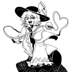 Rule 34 | 1girl, bags under eyes, black hat, blouse, bow, capelet, crazy, drooling, dutch angle, eyeball, floral print, frilled skirt, frilled sleeves, frills, greyscale, hand on own cheek, hand on own face, hat, hat bow, hat ribbon, heart, heart of string, highres, komeiji koishi, leaning forward, long sleeves, looking at viewer, monochrome, nyong nyong, open mouth, ribbon, rose print, saliva, sharp teeth, shirt, short hair, simple background, skirt, sleeves past wrists, smile, solo, teeth, third eye, tongue, tongue out, touhou, white background, wide sleeves