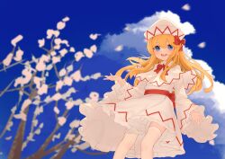 Rule 34 | 1girl, absurdres, blonde hair, blue eyes, blush, capelet, cherry blossoms, dress, feet out of frame, hat, highres, lily white, long hair, long sleeves, open mouth, outdoors, skirt, smile, solo, touhou, white capelet, white dress, white hat, wide sleeves, wrainman