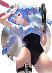 Rule 34 | 1girl, alternate costume, animal ear fluff, animal ears, blouse, blue hair, bow, braid, carrot print, commentary request, covered navel, cowboy shot, food-themed hair ornament, food print, hair bow, hair ornament, half-closed eyes, highres, hololive, leotard, long hair, looking at viewer, multicolored hair, one-piece swimsuit, rabbit ears, red eyes, ring-con, ring fit adventure, scottie (phantom2), shirt, solo, standing, swimsuit, swimsuit under clothes, thick eyebrows, twin braids, two-tone hair, usada pekora, virtual youtuber, white background, white bow, white hair, white shirt, wristband