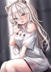 Rule 34 | 1girl, :d, ahoge, animal ears, between legs, black choker, black nails, blush, choker, claw pose, ear piercing, fangs, from side, grey eyes, grey hair, hair between eyes, hand between legs, highres, hololive, lion ears, long hair, looking at viewer, looking to the side, nail polish, off shoulder, open mouth, piercing, shirt, shishiro botan, shishiro botan (casual), sitting, smile, solo, virtual youtuber, white shirt, yuano