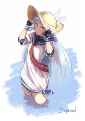 Rule 34 | 10s, 1girl, :/, blue hair, frown, gloves, hair ribbon, hands on headwear, hat, kantai collection, murakumo (kancolle), nathaniel pennel, partially submerged, red eyes, ribbon, shirt, solo, standing, straw hat, tied shirt, wading, water