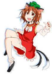 Rule 34 | 1girl, :d, animal ears, brown eyes, brown hair, cat ears, cat tail, chen, earrings, fang, fingernails, frilled skirt, frills, full body, hair between eyes, hat, jewelry, juliet sleeves, long fingernails, long sleeves, looking at viewer, multiple tails, nail polish, nekomata, open mouth, puffy sleeves, red nails, shiromamekei, short hair, silhouette, simple background, skirt, skirt set, smile, solo, tail, tareme, touhou, two tails, white background