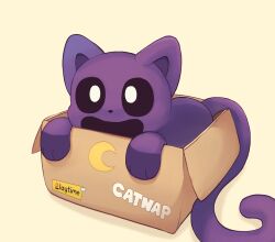 Rule 34 | :d, absurdres, animal, animal ears, animal focus, animal hands, animal nose, black eyes, body fur, box, bright pupils, cardboard, cat, cat ears, catnap (poppy playtime), crescent, highres, in box, in container, looking at viewer, no humans, open mouth, poppy playtime, purple fur, purple tail, rapiket, simple background, smile, tail, white pupils, yellow background