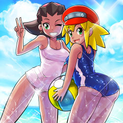 Rule 34 | 2girls, :d, arched back, armpits, ass, ball, bare shoulders, beachball, black hair, blonde hair, blue one-piece swimsuit, blush, breasts, brown hair, cabbie hat, capcom, cleavage, cloud, collarbone, cowboy shot, day, earrings, flipped hair, glint, green eyes, grin, hair slicked back, hairband, hand on own hip, hand up, happy, hat, highres, holding, holding ball, jewelry, leaning forward, leaning to the side, legs apart, legs together, long hair, looking at viewer, looking back, medium breasts, mega man (series), mega man legends (series), multiple girls, ocean, old school swimsuit, one-piece swimsuit, one eye closed, open mouth, osamu yagi, outdoors, pink hairband, red hat, roll caskett (mega man), school swimsuit, short hair, sidelocks, single vertical stripe, skull earrings, sky, small breasts, smile, standing, sun, swimsuit, tan, taut clothes, taut swimsuit, thighs, transparent, tron bonne (mega man), v, water, wet, wet clothes, wet swimsuit, white one-piece swimsuit, white school swimsuit, wink