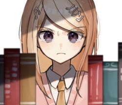Rule 34 | 1girl, ahoge, akamatsu kaede, blonde hair, blurry, blurry foreground, book, breasts, closed mouth, collared shirt, danganronpa (series), danganronpa v3: killing harmony, depth of field, eighth note, fortissimo, hair ornament, long hair, looking at viewer, mdr (mdrmdr1003), musical note, musical note hair ornament, necktie, orange necktie, pink vest, red eyes, shirt, simple background, solo, upper body, vest, white background, white shirt