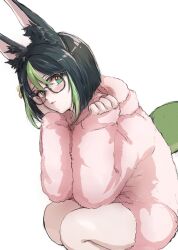 Rule 34 | 1boy, alternate costume, animal ear fluff, animal ears, bespectacled, black hair, blush, fox boy, fox ears, fox tail, genshin impact, glasses, green eyes, green hair, hair between eyes, highres, hood, hood down, hoodie, long sleeves, male focus, multicolored hair, otanpopo1208, parted lips, pink hoodie, simple background, sleeves past wrists, solo, squatting, tail, tighnari (genshin impact), white background