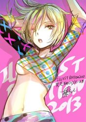 Rule 34 | 1girl, 2013, arms up, blonde hair, breasts, crop top, fuzichoco, hair over one eye, illustration.media, medium breasts, midriff, navel, open mouth, original, pink background, shadow, short sleeves, solo, underboob, upper body