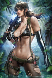 Rule 34 | 1girl, artist name, asymmetrical gloves, ayya sap, belt, black bra, black gloves, black panties, bra, breasts, brown hair, brown pantyhose, day, dirty, elbow gloves, falling leaves, fingerless gloves, gloves, green eyes, gun, holding, holding gun, holding weapon, jungle, large breasts, leaf, long hair, metal gear (series), metal gear solid v: the phantom pain, mismatched gloves, nature, navel, outdoors, panties, pantyhose, ponytail, quiet (metal gear), runny makeup, solo, thigh strap, torn clothes, torn pantyhose, underwear, wading, water, watermark, weapon, web address