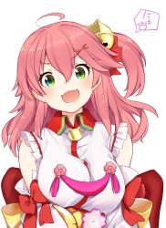 Rule 34 | 1girl, absurdres, ahoge, animal print, bell, breasts, cat print, cherry blossom print, cherry blossoms, collar, fangs, floral print, frills, green eyes, hair bell, hair between eyes, hair ornament, hairclip, highres, hololive, large breasts, long hair, looking at viewer, nejime, nontraditional miko, open mouth, paw print, paw print pattern, pink hair, red collar, sakura miko, sakura miko (1st costume), skin fangs, solo, speech bubble, virtual youtuber, white background