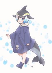 Rule 34 | 1girl, alternate costume, black hair, blonde hair, blowhole, blue eyes, blue footwear, blue hair, blush, boots, cetacean tail, commentary request, common dolphin (kemono friends), dolphin girl, dorsal fin, fins, fish tail, full body, highres, kemono friends, kuromitsu (9633 kmfr), long sleeves, multicolored hair, rain poncho, rubber boots, sailor collar, short hair, smile, solo, tail