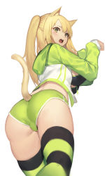 Rule 34 | 1girl, absurdres, animal ears, ass, blonde hair, breasts, cat ears, cat tail, dolphin shorts, from behind, from below, front-tie top, green eyes, highres, hood, hooded jacket, hoodie, jacket, jam (nandade), korean commentary, large breasts, long hair, micro shorts, one side up, open clothes, open jacket, open mouth, original, paw pose, shorts, sidelocks, simple background, solo, striped clothes, striped thighhighs, tail, thighhighs, trefoil, underboob, white background