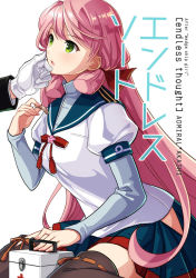 Rule 34 | 1girl, 1other, akashi (kancolle), arm warmers, banned artist, blue sailor collar, blue skirt, blunt tresses, cover, first aid kit, gloves, green eyes, hair ribbon, hand on another&#039;s chin, hip vent, kantai collection, long hair, long sleeves, nacht (nacht 01), pink hair, pleated skirt, ribbon, sailor collar, school uniform, serafuku, simple background, sitting, skirt, thighhighs, tress ribbon, wariza, white background, white gloves