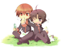 Rule 34 | 2boys, ahoge, bag, blush, bottle, brown eyes, brown hair, chibi, drink, eating, flustered, grass, juice box, little busters!, looking at another, multiple boys, naoe riki, natsume kyousuke, necktie, one eye closed, open mouth, outdoors, red eyes, red hair, sandwich, school uniform, shopping bag, sitting, surprised, sweatdrop