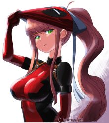 Rule 34 | 1girl, bodysuit, breasts, brown hair, cosplay, crossover, deadpool, deadpool (cosplay), deadpool (series), doki doki literature club, green eyes, highres, latex, latex bodysuit, looking at viewer, marvel, mask, mask lift, mask on head, mask pull, medium breasts, minuspal, monika (doki doki literature club), ponytail, removing mask, ribbon, smile, smirk, solo, tight clothes, white ribbon