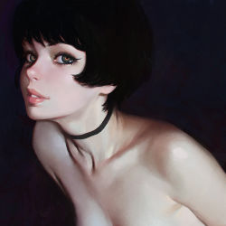 Rule 34 | 1girl, bad id, bad tumblr id, black background, black eyes, black hair, blunt bangs, bob cut, breasts, choker, cleavage, collarbone, green eyes, ilya kuvshinov, lips, looking at viewer, nude, original, out-of-frame censoring, parted lips, short hair, small breasts, solo, upper body