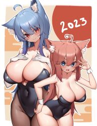 Rule 34 | 2023, 2girls, ahoge, animal ear fluff, animal ears, bare shoulders, black leotard, blue eyes, blue hair, blush, breasts, brown pantyhose, cat ears, cleavage, closed mouth, covered navel, hand up, highres, kaptivate, large breasts, leotard, looking at viewer, multiple girls, open mouth, original, pantyhose, red eyes, red hair, smile, wrist cuffs