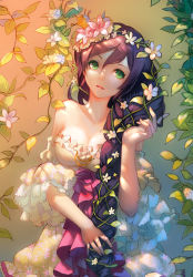Rule 34 | 10s, 1girl, :d, bare shoulders, black hair, braid, breasts, cleavage, collarbone, cowboy shot, crown, dappled sunlight, detached sleeves, dress, floral print, flower, frilled sleeves, frills, green eyes, hair between eyes, hair flower, hair ornament, hair over shoulder, hand in own hair, leaf, lips, long hair, long sleeves, looking at viewer, love live!, love live! school idol festival, love live! school idol project, medium breasts, minhoo, open mouth, parted lips, plant, single braid, smile, solo, strapless, strapless dress, sunlight, tojo nozomi, very long hair, vines, white dress