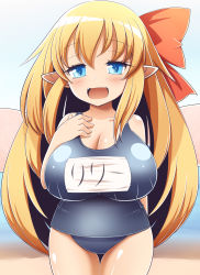 Rule 34 | 1girl, blonde hair, blue eyes, blush, bow, breasts, cleavage, collarbone, fairy wings, fang, gero zoukin, hair bow, highres, huge breasts, lily white, long hair, looking at viewer, one-piece swimsuit, open mouth, pointy ears, red bow, school swimsuit, smile, swimsuit, touhou, wings