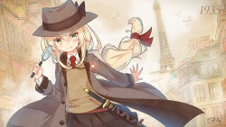 Rule 34 | 1girl, :p, blonde hair, blush, braid, brown coat, brown hat, brown skirt, building, closed mouth, coat, collared shirt, copyright request, coreytaiyo, dated, eiffel tower, glowing, green eyes, hair between eyes, hat, highres, holding, holding magnifying glass, jewelry, long hair, long sleeves, looking at viewer, magnifying glass, monocle, necktie, open clothes, open coat, original, pendant, pleated skirt, red necktie, sheath, sheathed, shirt, signature, single braid, skirt, smile, solo, sweater vest, sword, tongue, tongue out, very long hair, weapon, white shirt