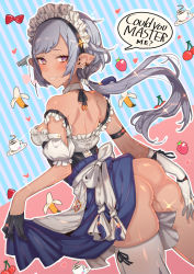 Rule 34 | 1girl, apron, ass, asymmetrical gloves, back, bare shoulders, black gloves, blush, breasts, dark-skinned female, dark skin, earrings, elf, gloves, grey hair, grin, jewelry, long hair, looking at viewer, looking back, maid, maid headdress, medium breasts, mismatched gloves, original, pointy ears, ponytail, purple eyes, pussy juice, single thighhigh, skirt, smile, solo, tajima ryuushi, thighhighs, white gloves, white thighhighs