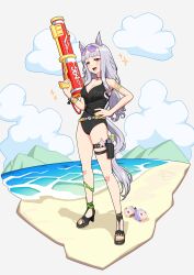 Rule 34 | 1girl, :d, absurdres, animal ears, bare arms, bare shoulders, beach, black footwear, black one-piece swimsuit, breasts, brown-framed eyewear, brown nails, casual one-piece swimsuit, cleavage, cloud, eyewear on head, gold ship (run revolt launcher) (umamusume), gold ship (umamusume), grey background, grey hair, hand on own hip, high heels, highres, holding, horse ears, horse girl, horse tail, long hair, looking at viewer, medium breasts, mejiro mcqueen (umamusume), mouhantain, nail polish, one-piece swimsuit, open mouth, purple-tinted eyewear, red eyes, sand, sandals, simple background, smile, solo, sparkle, swimsuit, tail, tinted eyewear, toenail polish, toenails, toes, umamusume, very long hair, water
