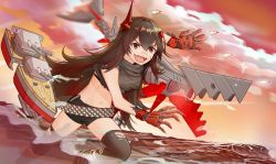 Rule 34 | 1girl, artillery, azur lane, black shorts, brown hair, brown thighhighs, commentary, cross, english commentary, fangs, horns, iron cross, long hair, magdeburg (azur lane), mechanical hands, mechanical horns, midriff, non-humanoid robot, orange sky, partially submerged, red eyes, red horns, rigging, robot, robot animal, short shorts, shorts, skin fangs, sky, solo, thighhighs, thighs, torn clothes, torn thighhighs, turret, water, zoink