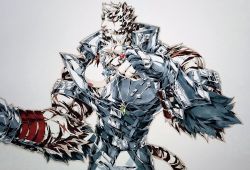 Rule 34 | 1boy, alternate costume, animal ears, arknights, armor, bara, bare pectorals, cowboy shot, furry, furry male, highres, jewelry, kangnotrier, large hands, large pectorals, male focus, mountain (arknights), muscular, muscular male, necklace, nipples, pectorals, ring, scar, scar across eye, scar on face, short hair, solo, tiger boy, tiger ears, white fur, white hair