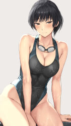 Rule 34 | 1girl, amagami, between legs, black eyes, black hair, blush, breasts, closed mouth, commentary request, competition swimsuit, goggles, goggles around neck, hand between legs, highres, looking at viewer, medium breasts, official alternate costume, one-piece swimsuit, ponytail, serizawa (serizawaroom), sitting, smile, swimsuit, tsukahara hibiki, wet