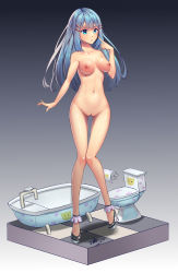 Rule 34 | 1girl, absurdres, artist name, bathroom, bathtub, black footwear, blue eyes, blue hair, blush, breasts, cleft of venus, collarbone, dated, female focus, full body, gluteal fold, gradient background, grey background, hair ornament, hairclip, hand up, high heels, highres, knees together feet apart, light blush, long hair, matching hair/eyes, medium breasts, navel, nipples, nude, original, pussy, shiny skin, shoes, signature, solo, standing, thigh gap, toilet, toilet paper, uncensored, xiaoxi0619