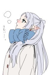 Rule 34 | 1girl, ayamame, blue eyes, blue scarf, breath, coat, commentary, elf, frieren, highres, long hair, looking up, parted lips, pointy ears, scarf, simple background, solo, sousou no frieren, thick eyebrows, translated, twintails, upper body, white background, white coat, white hair