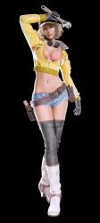 Rule 34 | 1girl, 3d, arm up, baseball cap, belly, belt, bikini, bikini top only, black background, black thighhighs, blonde hair, boots, breasts, brown belt, brown gloves, cidney aurum, cleavage, cropped jacket, crossed legs, curly hair, denim, denim shorts, female focus, final fantasy, final fantasy xv, full body, gloves, goggles, green eyes, hat, high heels, holding, holding wrench, jacket, jeans, knee boots, large breasts, looking at viewer, navel, official art, open clothes, open jacket, orange bikini, pants, red hat, short hair, shorts, simple background, solo, square enix, standing, swimsuit, thighhighs, tools, white footwear, white heels, wrench, yellow theme, zipper