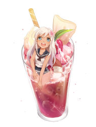 Rule 34 | 10s, 1girl, :d, absurdres, bare legs, blonde hair, blue eyes, crop top, cup, drinking glass, flower, food, from above, fruit, glass, hair flower, hair ornament, happy, highres, ice cream, in container, in food, kantai collection, leaf, lifebuoy, long hair, looking at viewer, mini person, minigirl, mxn, neckerchief, open mouth, oversized object, ro-500 (kancolle), sailor collar, school swimsuit, simple background, sleeveless, smile, solo, sparkle, strawberry, swept bangs, swim ring, swimsuit, swimsuit under clothes, tan, tanline, wafer stick, white background