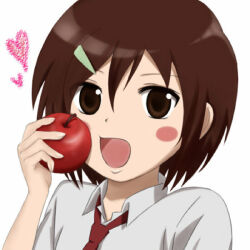 Rule 34 | 1girl, :o, apple, bad id, bad pixiv id, blush stickers, brown eyes, brown hair, chino (2680871), close-up, danshi koukousei no nichijou, dress shirt, eating, food, fruit, hair between eyes, hair ornament, hairclip, hand on own face, heart, holding, holding food, holding fruit, looking at viewer, necktie, open mouth, portrait, red necktie, ringo-chan (danshi koukousei), school uniform, shirt, short hair, simple background, solo, white background, white shirt
