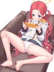 Rule 34 | 1girl, absurdres, bare legs, barefoot, blue archive, blue eyes, bow, braid, cameltoe, cleft of venus, closed mouth, commentary, couch, cyelho, feet, french braid, full body, hair bow, handheld game console, highres, holding, holding handheld game console, jacket, legs, long hair, long sleeves, no pants, on couch, one side up, orange hair, panties, playing games, reclining, simple background, smile, solo, toes, underwear, very long hair, white background, white bow, white jacket, white panties, yuzu (blue archive)