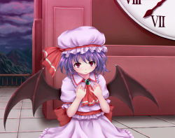 Rule 34 | 1girl, ascot, bat wings, brooch, clock, fang, female focus, hat, hat ribbon, jewelry, lely, light purple hair, light smile, looking at viewer, mob cap, mountain, outdoors, railing, red eyes, remilia scarlet, ribbon, roman numeral, short hair, skirt, skirt set, solo, string, string of fate, touhou, twilight, wings