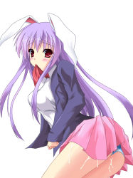 Rule 34 | 1girl, animal ears, ass, cum, kurochima, long hair, panties, rabbit ears, reisen udongein inaba, simple background, solo, striped clothes, striped panties, touhou, underwear, white background
