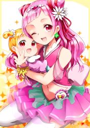 Rule 34 | 10s, 2girls, ;d, akira ry0, baby, bad id, bad pixiv id, blonde hair, carrying, cone hair bun, cure yell, earrings, hair bun, hair ribbon, heart, highres, hug-tan (precure), hugtto! precure, jewelry, long hair, looking at viewer, multiple girls, navel, nono hana, one eye closed, open mouth, pink eyes, pink hair, pink skirt, precure, red ribbon, ribbon, shorts, sitting, skirt, smile, sparkle background, thighhighs, wariza, white legwear