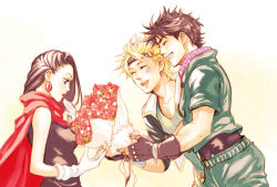 Rule 34 | 1girl, 2boys, bad id, bad pixiv id, battle tendency, belt, black hair, blue eyes, bouquet, caesar anthonio zeppeli, cropped jacket, earrings, feathers, fingerless gloves, flower, gloves, haato, headband, jewelry, jojo no kimyou na bouken, joseph joestar, joseph joestar (young), lisa lisa, mother&#039;s day, mother and son, multiple boys, red scarf, scarf, sleeveless, smile, striped clothes, striped scarf, white gloves