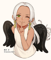 Rule 34 | 1girl, angel wings, artist name, bare arms, bare shoulders, black wings, blush, child, closed eyes, closed mouth, cropped torso, dark-skinned female, dark skin, dress, earrings, female focus, finger to mouth, green eyes, jewelry, long hair, looking at viewer, natsuki shio, naughty face, one eye closed, one piece, s-snake, seraphim (one piece), shushing, simple background, sleeveless, sleeveless dress, smile, snake earrings, solo, star-shaped pupils, star (symbol), symbol-shaped pupils, white background, white dress, white hair, wings, wink, yellow eyes