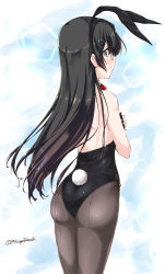 Rule 34 | 1girl, animal ears, ass, black hair, black leotard, blue background, bow, bowtie, cowboy shot, detached collar, fake animal ears, from behind, glasses, green eyes, kantai collection, lens flare, leotard, long hair, looking at viewer, mikage takashi, ooyodo (kancolle), pantyhose, playboy bunny, rabbit ears, rabbit tail, red bow, red bowtie, solo, standing, strapless, strapless leotard, tail, twitter username